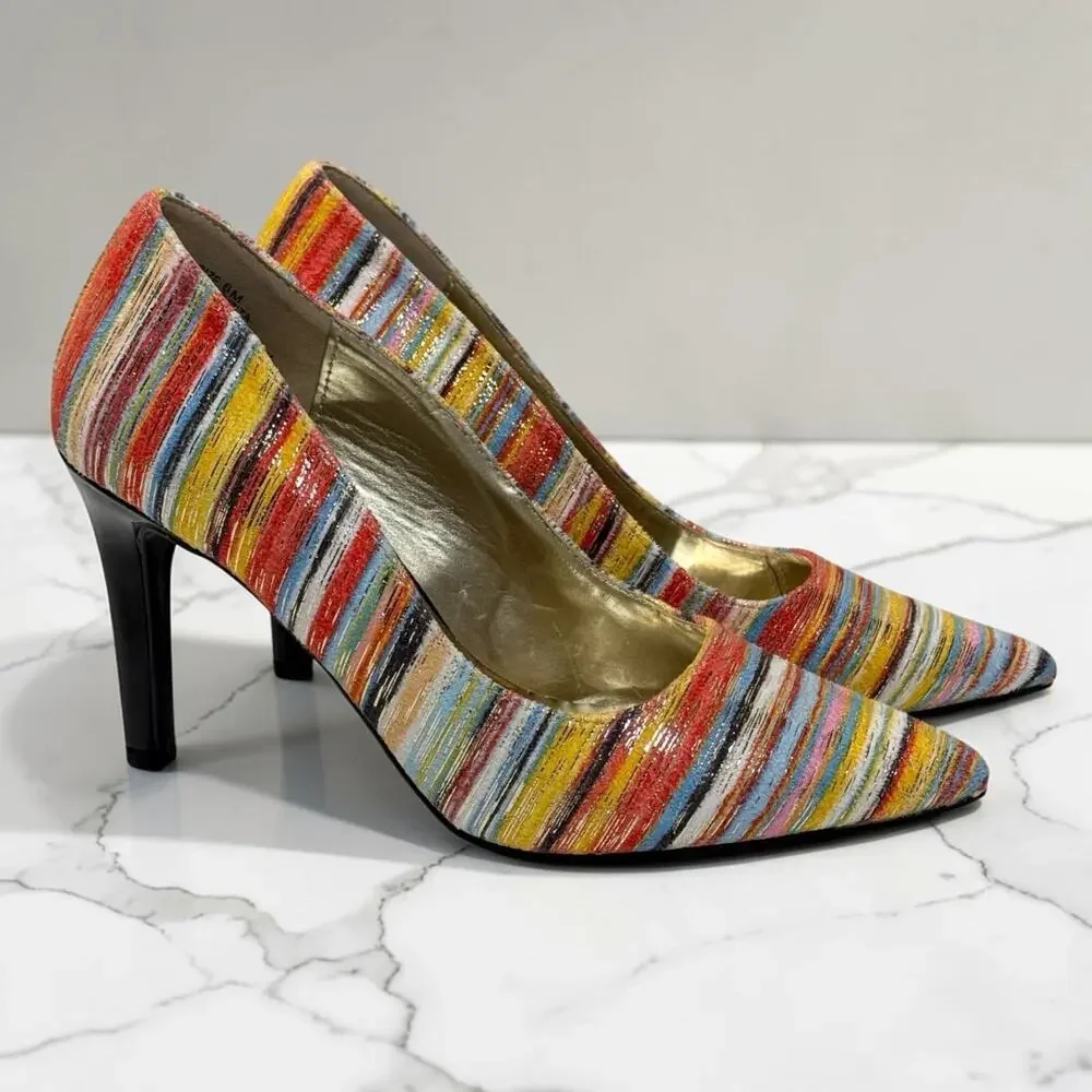 Torta Caliente Zita Rainbow Stripe Pointed Toe Pumps Heels Sz 6 NIB Dopamine